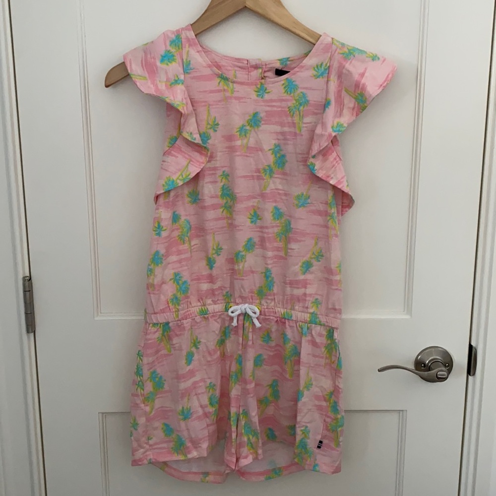 NWT Girls Pink Nautica Size 12/14 Cotton Shorta Romper Palm Tree Print